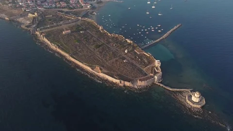 Aerial panoramic view of Methoni castle, a Venetian Fortress, Greece Stock Footage 144561700