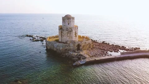Aerial panoramic view of Methoni castle, a Venetian Fortress, Greece Stock Footage 196265203
