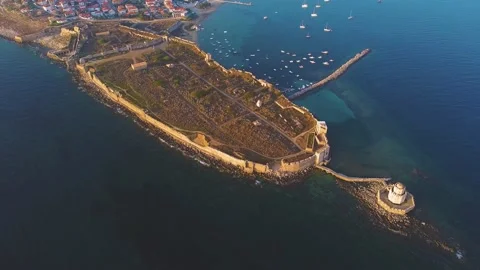Aerial panoramic view of Methoni castle, a Venetian Fortress, Greece Stock Footage 196265337