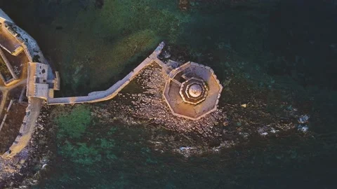 Aerial panoramic view of Methoni castle, a Venetian Fortress, Greece Stock Footage 196265365