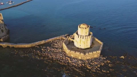 Aerial panoramic view of Methoni castle, a Venetian Fortress, Greece Stock Footage 196265456