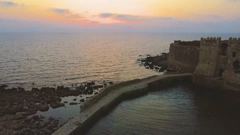 Aerial panoramic view of Methoni castle, a Venetian Fortress, Greece Stock Footage 196265635