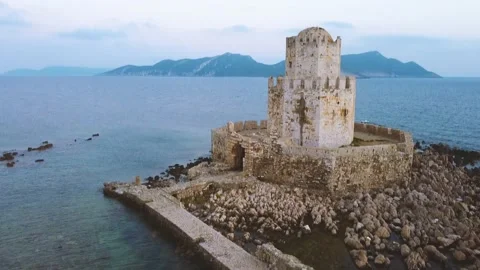 Aerial panoramic view of Methoni castle, a Venetian Fortress, Greece Stock Footage 196265825