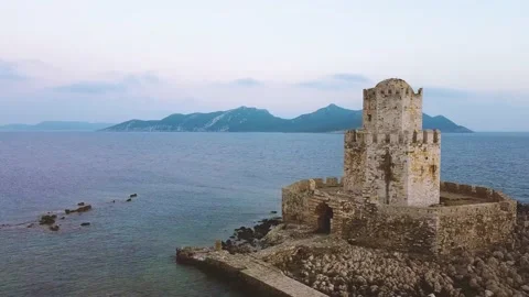 Aerial panoramic view of Methoni castle, a Venetian Fortress, Greece Stock Footage 196265964