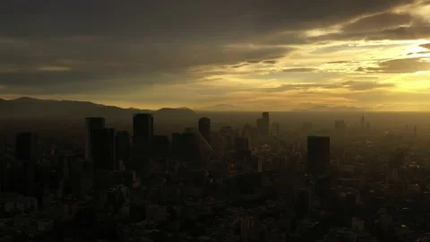Aerial panoramic view of Mexico City Skyline during sunrise Stock Footage