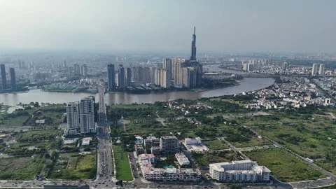 Aerial panoramic view of modern quarter and Saigon river in Ho Chi Minh. Stock Footage 344715048