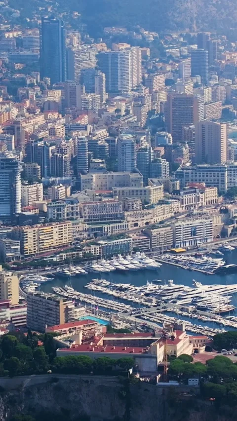 Aerial panoramic view of Monaco cityscape and harbor. Vertical video Stock Footage 346633301