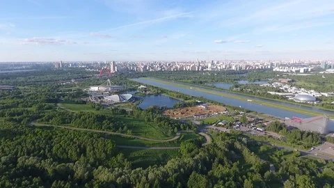 Aerial panoramic view of Moscow with a modern cable-stayed bridge, Russia Stock Footage 104553005