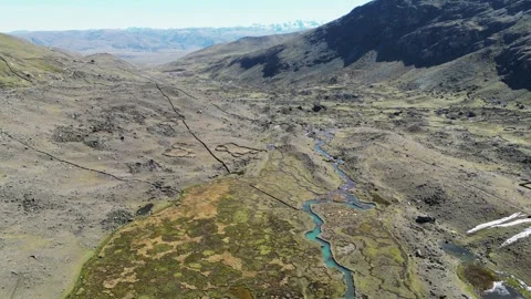 Aerial Panoramic View of Mountain Valley with a Serpentine River winding through Stock Footage 281158913