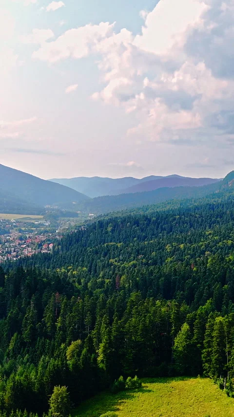 Aerial panoramic view of mountain valley town and forest. Vertical video. Stock Footage 333205507