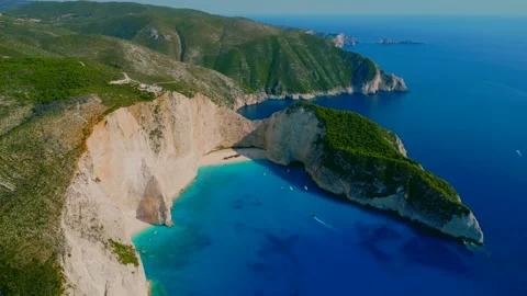 Aerial panoramic view of the Navagio beach with the famous wrecked ship in .. Stock Footage 310180898