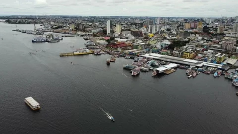 Aerial panoramic view of Negro River and Port of Manaus, Amazonas, Brazil 4K Stock Footage 155463642