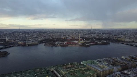 Aerial panoramic view: Neva river, islands and historical city center, SPb Stock Footage 74020179