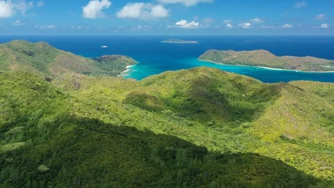 Aerial panoramic view of north part of Praslin island - Seychelles Stock Footage 99932408