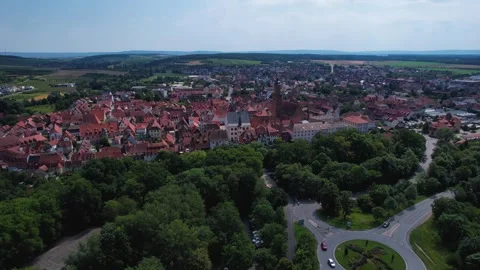An Aerial panoramic view of the old town of the city Volkach Stock Footage 280691939