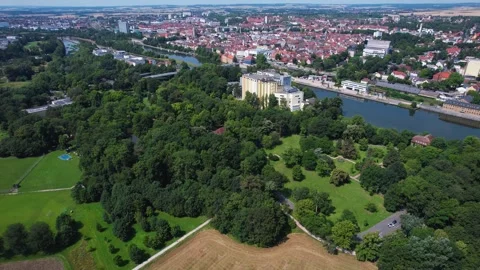 An Aerial panoramic view of the old town of the city Schweinfurt Stock Footage 280692280
