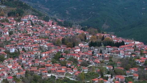 Aerial panoramic view of the old town of the  mountain village Metsovo Stock Footage 306555797