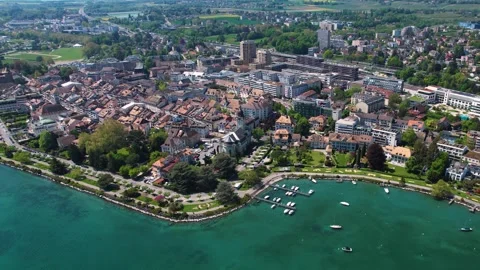 Aerial panoramic view of the old town city Morges Stock Footage 309046761