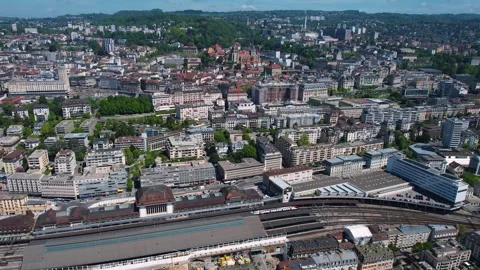 Aerial panoramic view of the old town city lausanne Stock Footage 309046763