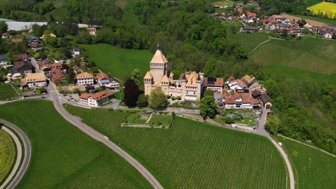Aerial panoramic view of the old town city Château de Vufflens Stock Footage 309046851