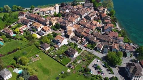 Aerial panoramic view of the old town city Saint-Prex Stock Footage 309046880