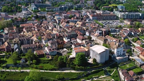Aerial panoramic view of the old town city Nyon Stock Footage 309047050