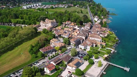 Aerial panoramic view of the old town city Saint-Prex 库存影片 309047152