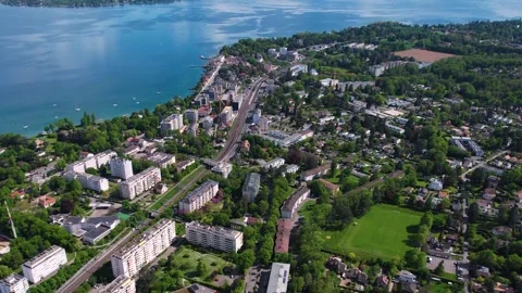 Aerial panoramic view of the old town city Versoix Stock Footage 309047160