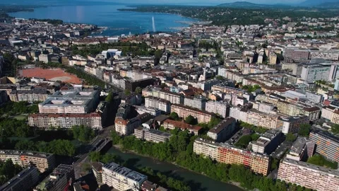 Aerial panoramic view of the old town city Geneva Stock Footage 309047236