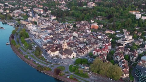 Aerial panoramic view of the old town city Évian-les-Bains, Stock Footage 309047568