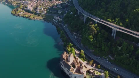 Aerial panoramic view of the old town city Veytaux Stock Footage 309055634