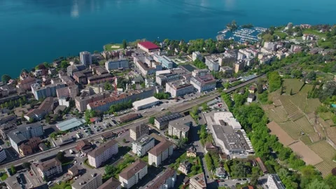 Aerial panoramic view of the old town city Vevey Stock Footage 309056490