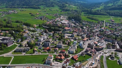 Aerial panoramic view of the old town city Châtel-Saint-Denis Stock Footage 309056843