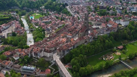 Aerial panoramic view of the old town city Fribourg Stock Footage 309061046