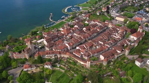 Aerial panoramic view of the old town city Murten Stock Footage 309061639