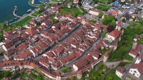 Aerial panoramic view of the old town city Murten Stock Footage 309061696