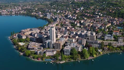 Aerial panoramic view of the old town city Montreux Stock-Footage 309078704