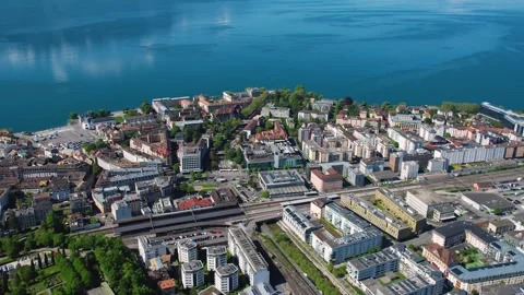Aerial panoramic view of the old town city Vevey Stockbeeldmateriaal 309078949