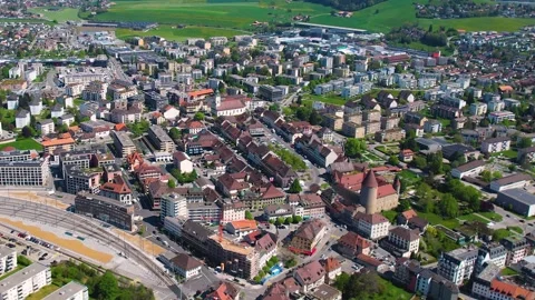 Aerial panoramic view of the old town city Bulle Видео 309079380