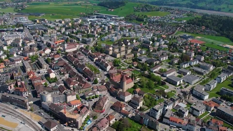 Aerial panoramic view of the old town city Bulle Stock Footage 309079393