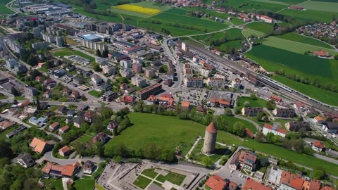 Aerial panoramic view of the old town Romont Видео 309079607