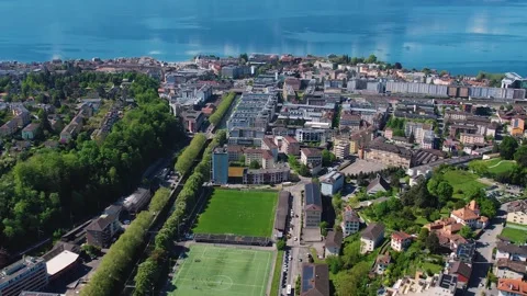 Aerial panoramic view of the old town city Vevey Stock Footage 309083127