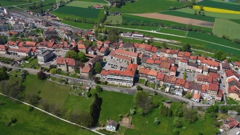 Aerial panoramic view of the old town Romont Видео 309083525