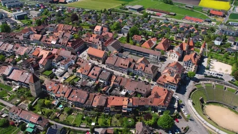 Aerial panoramic view of the old town Avenches Stockbeeldmateriaal 309083693