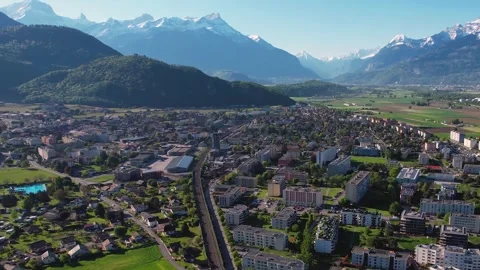 Aerial panoramic view of the old town city Aigle Vídeo Stock 309083925