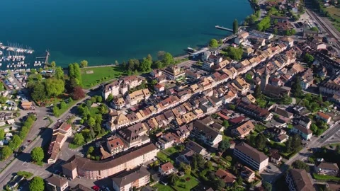 Aerial panoramic view of the old town city Villeneuve Stock Footage 309084024