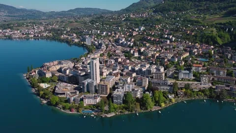 Aerial panoramic view of the old town city Montreux Stock Footage 309084240