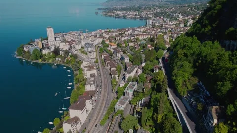Aerial panoramic view of the old town city Montreux Видео 309084293