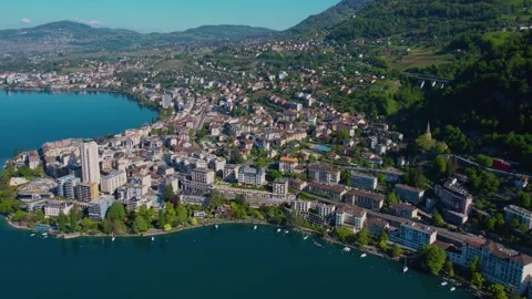 Aerial panoramic view of the old town city Montreux Vídeo Stock 309084323