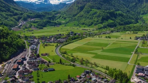 Aerial panoramic view of the old town city Giswil Stock Footage 309126512